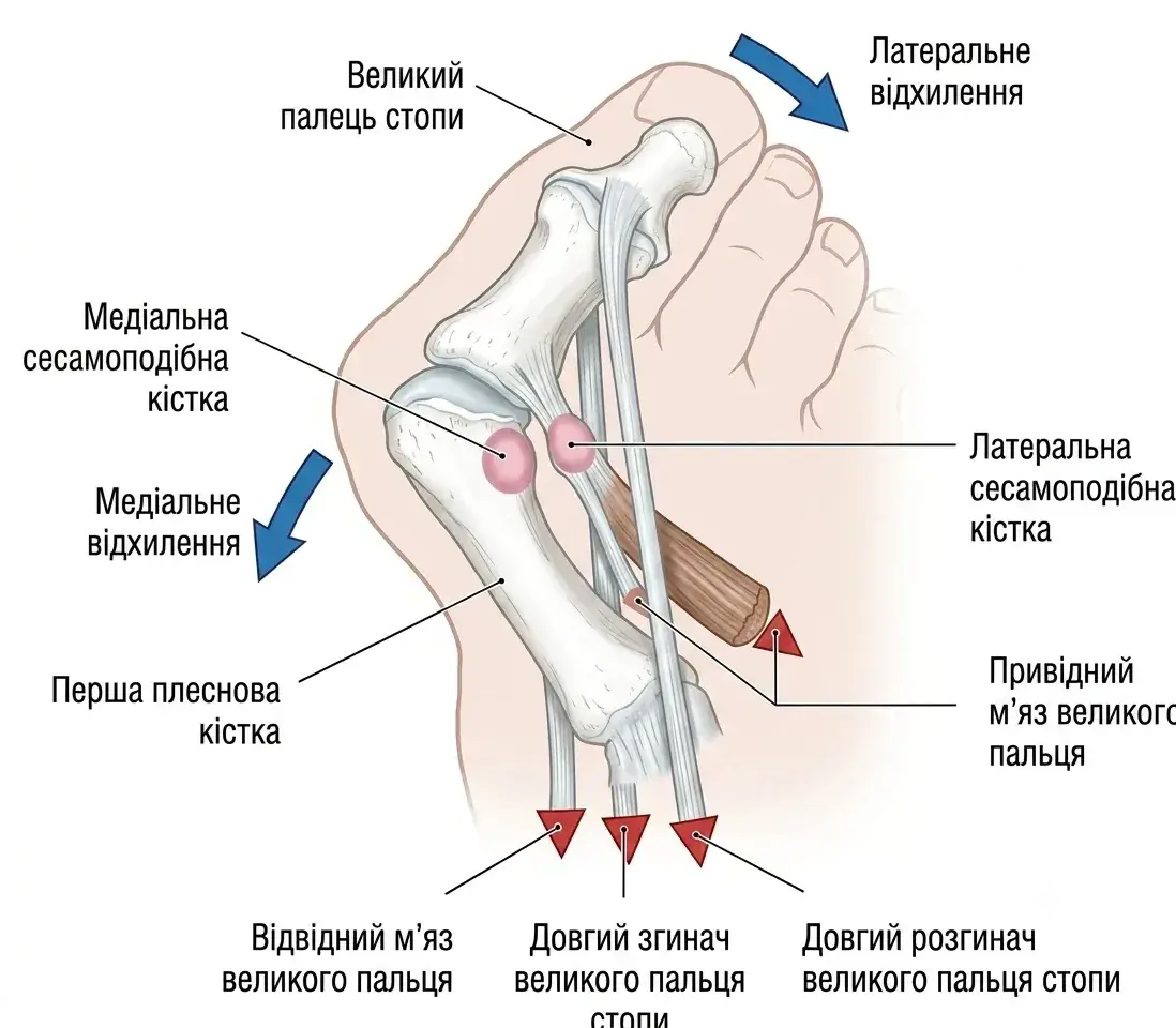 Анатомія hallux valgus: перша плеснова кістка, великий палець, сесамоподібні кістки, сухожилки та привідний м’яз великого пальця