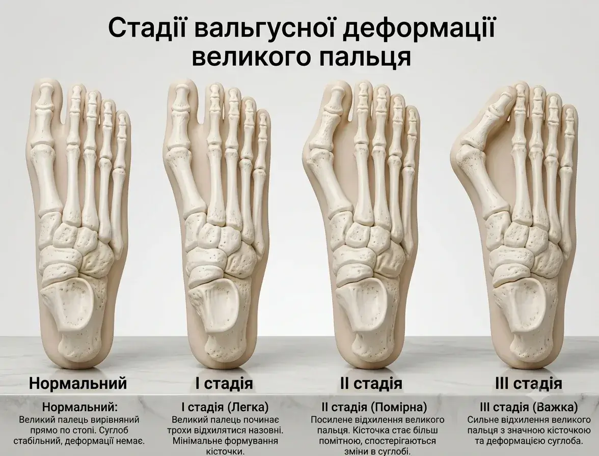 Стадії вальгусної деформації великого пальця: норма, легка, помірна, тяжка