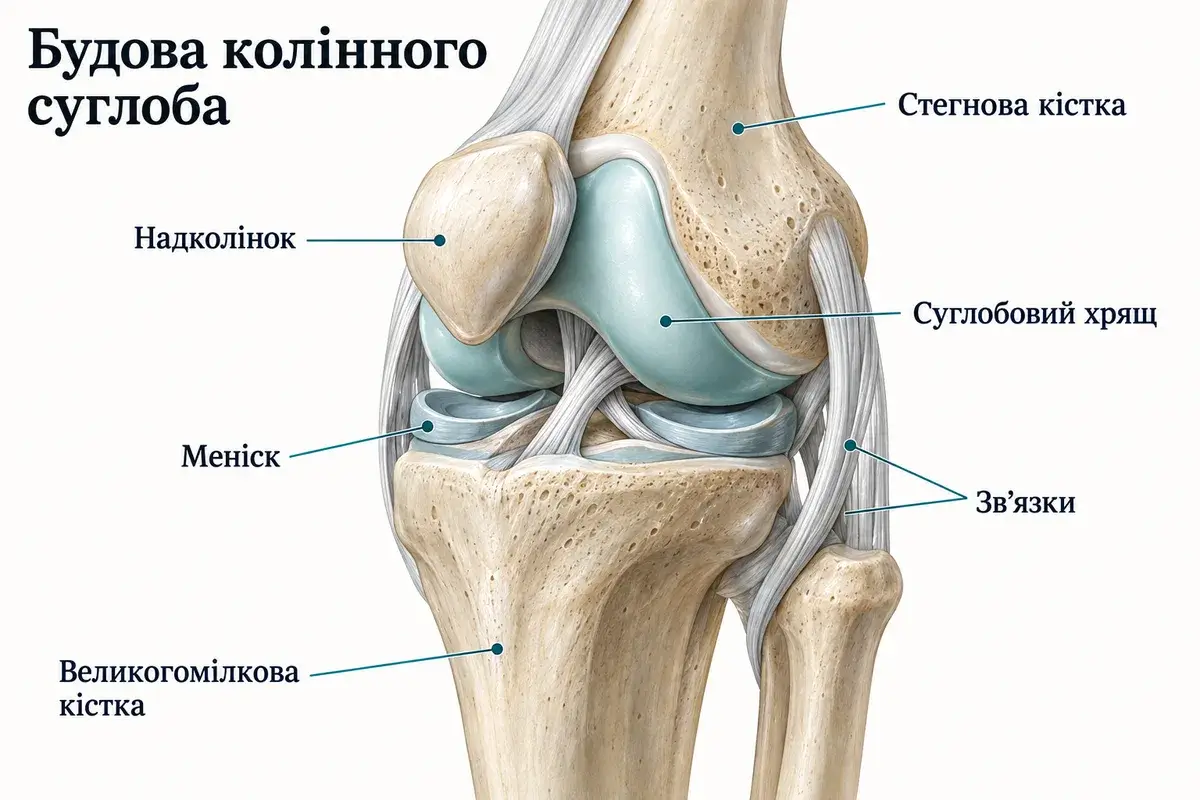 Будова колінного суглоба: кістки, надколінок, хрящ, меніск та зв’язки.