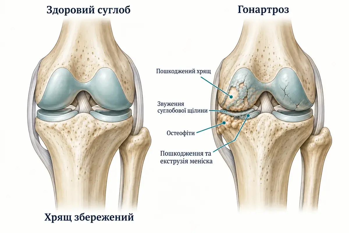 Порівняння здорового коліна з гонартрозом: пошкодження хряща, звуження щілини та остеофіти.