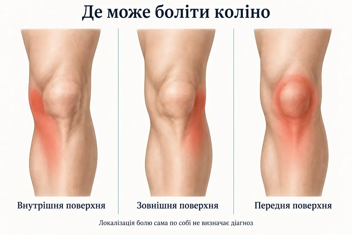Зони болю на внутрішній, зовнішній і передній поверхнях коліна з можливим поширенням на верхню частину гомілки.