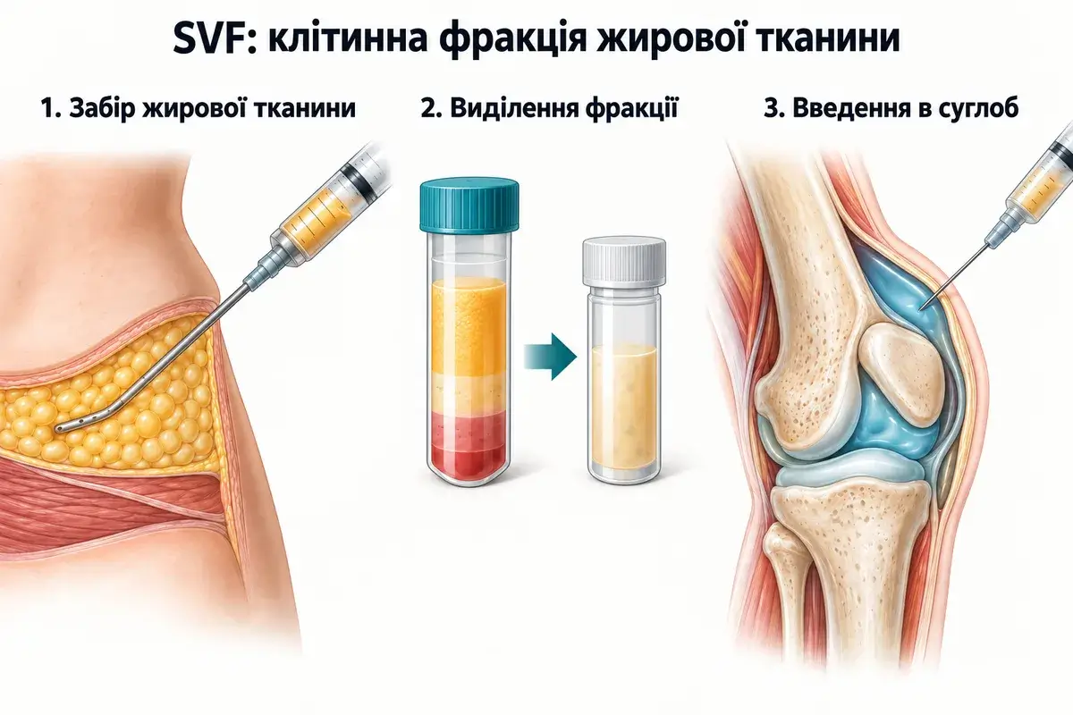 Три етапи SVF: забір підшкірної жирової тканини, виділення клітинної фракції та введення в колінний суглоб.