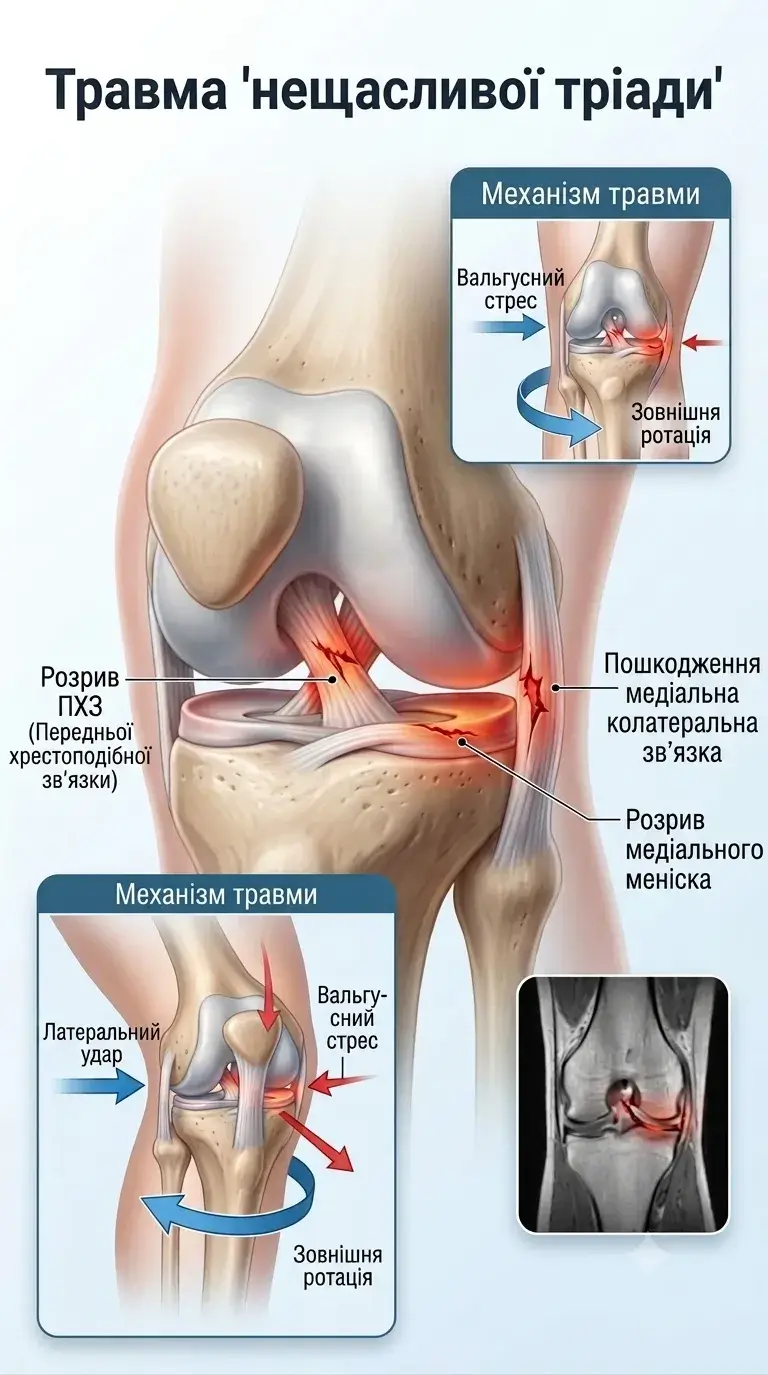 Нещаслива тріада: розрив ПХЗ, медіальної колатеральної зв’язки та медіального меніска